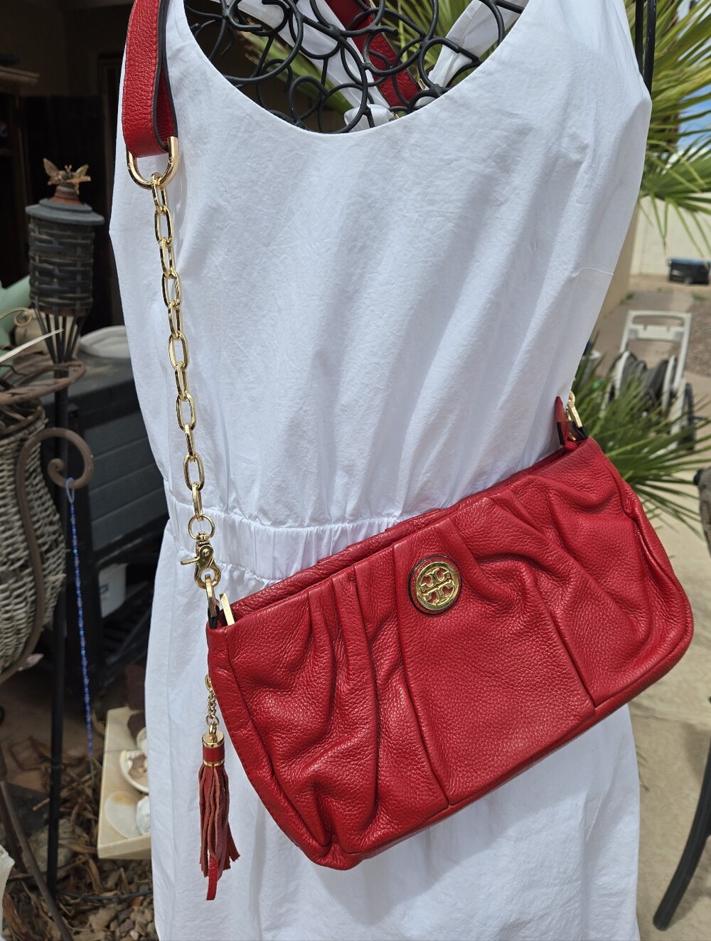 Tory Burch Vibrant Red Pebbled Leather Shoulder Bag